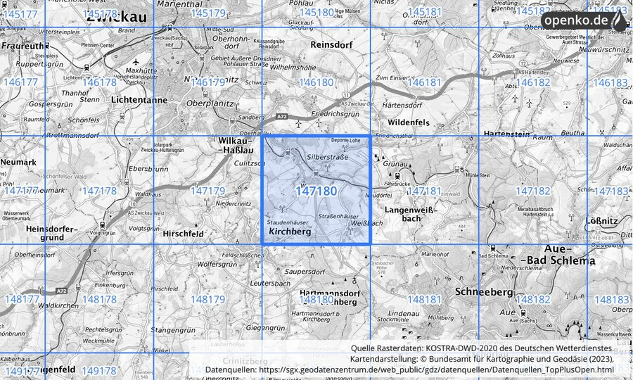 Übersichtskarte des KOSTRA-DWD-2020-Rasterfeldes Nr. 147180
