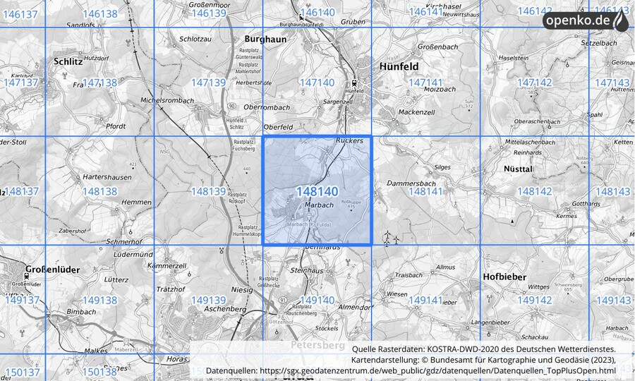 Übersichtskarte des KOSTRA-DWD-2020-Rasterfeldes Nr. 148140