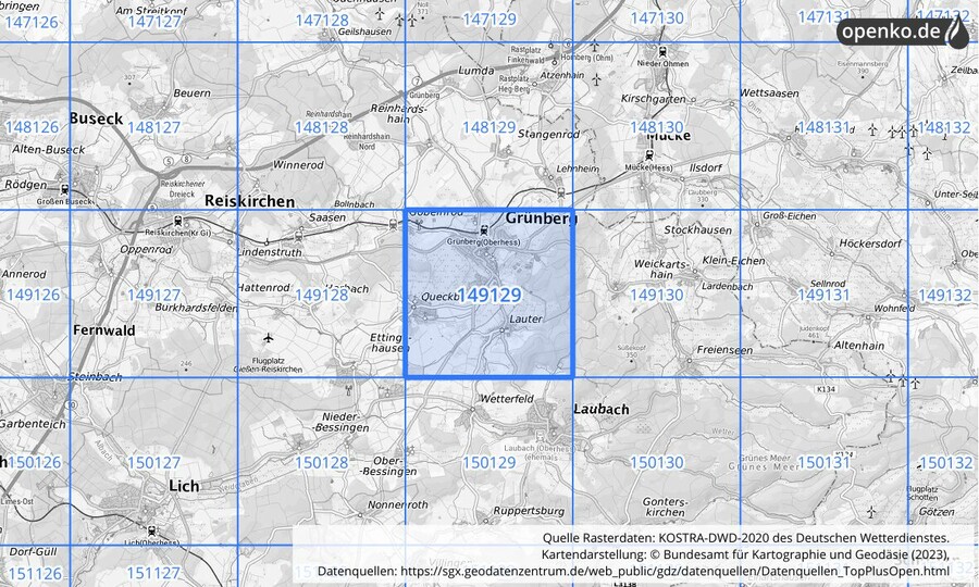 Übersichtskarte des KOSTRA-DWD-2020-Rasterfeldes Nr. 149129