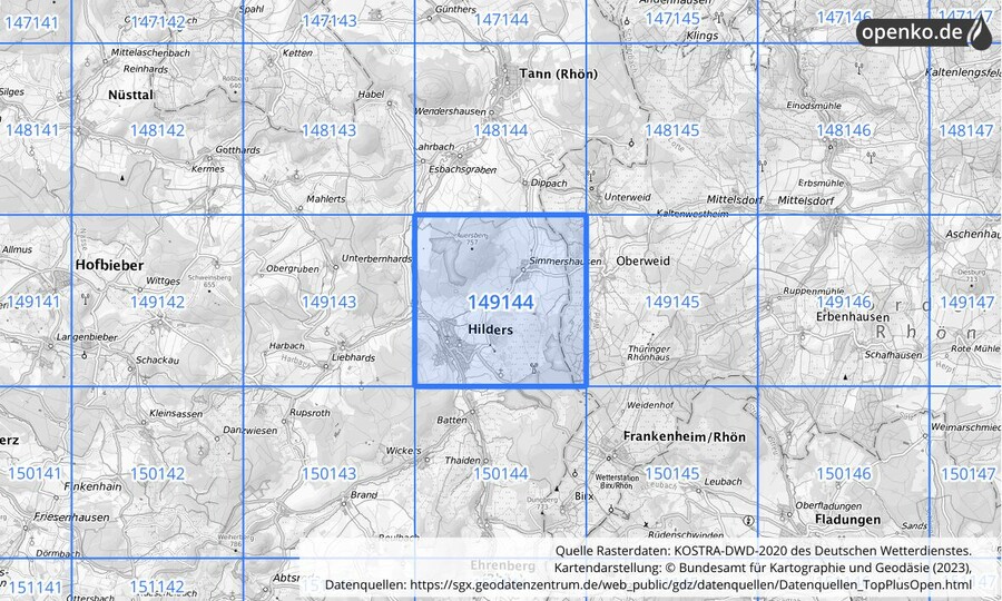 Übersichtskarte des KOSTRA-DWD-2020-Rasterfeldes Nr. 149144