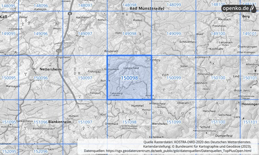 Übersichtskarte des KOSTRA-DWD-2020-Rasterfeldes Nr. 150098