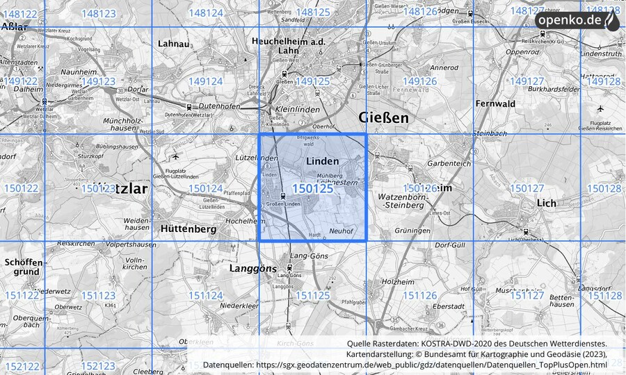 Übersichtskarte des KOSTRA-DWD-2020-Rasterfeldes Nr. 150125