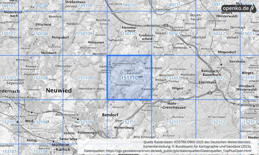 Übersichtskarte des KOSTRA-DWD-2020-Rasterfeldes Nr. 151110