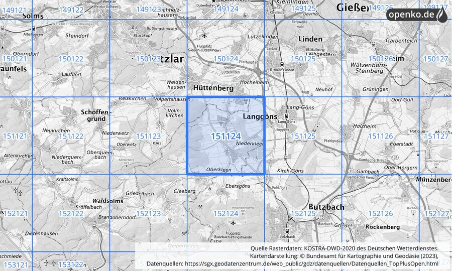 Übersichtskarte des KOSTRA-DWD-2020-Rasterfeldes Nr. 151124