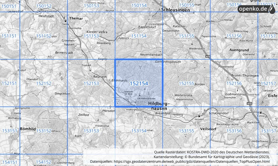 Übersichtskarte des KOSTRA-DWD-2020-Rasterfeldes Nr. 152154