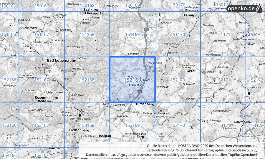 Übersichtskarte des KOSTRA-DWD-2020-Rasterfeldes Nr. 152169