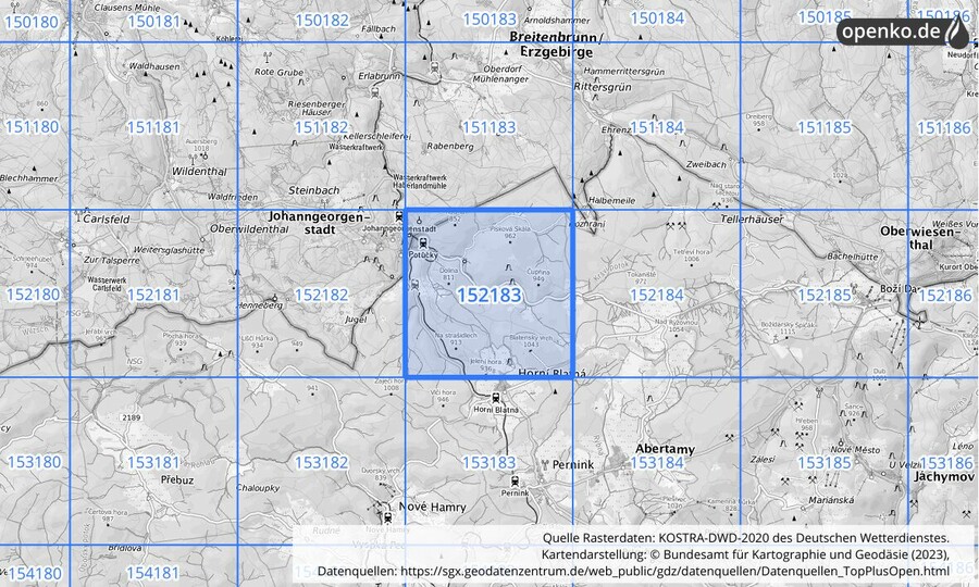 Übersichtskarte des KOSTRA-DWD-2020-Rasterfeldes Nr. 152183
