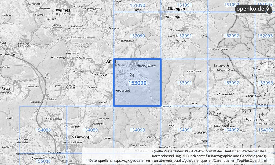 Übersichtskarte des KOSTRA-DWD-2020-Rasterfeldes Nr. 153090