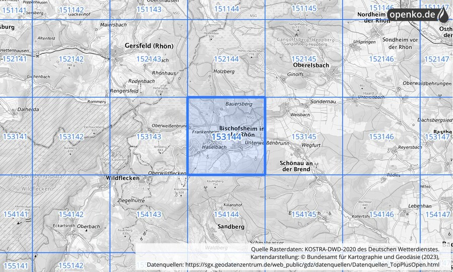 Übersichtskarte des KOSTRA-DWD-2020-Rasterfeldes Nr. 153144