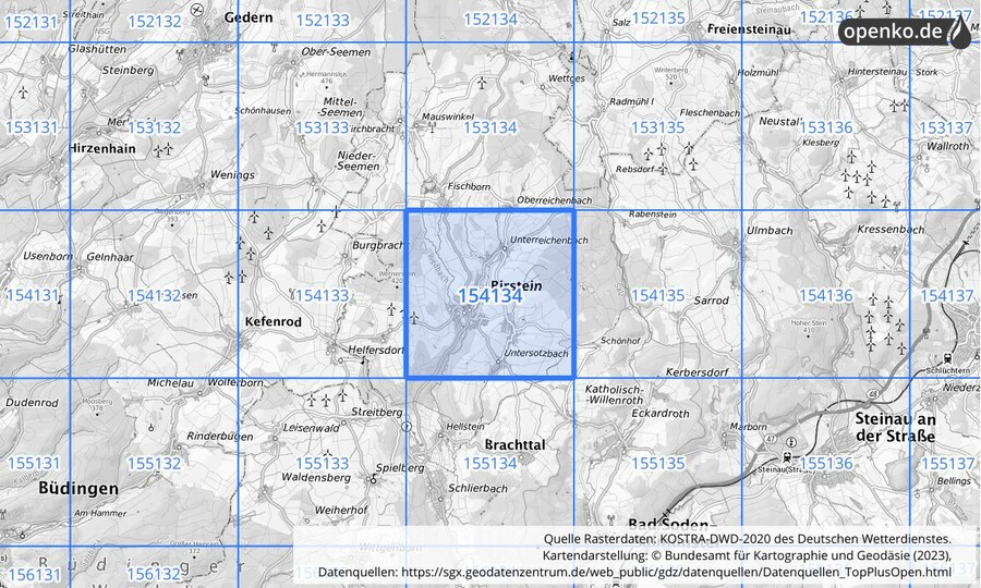 Übersichtskarte des KOSTRA-DWD-2020-Rasterfeldes Nr. 154134