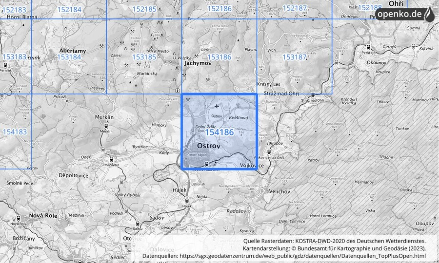 Übersichtskarte des KOSTRA-DWD-2020-Rasterfeldes Nr. 154186