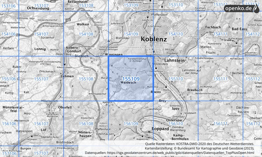 Übersichtskarte des KOSTRA-DWD-2020-Rasterfeldes Nr. 155109