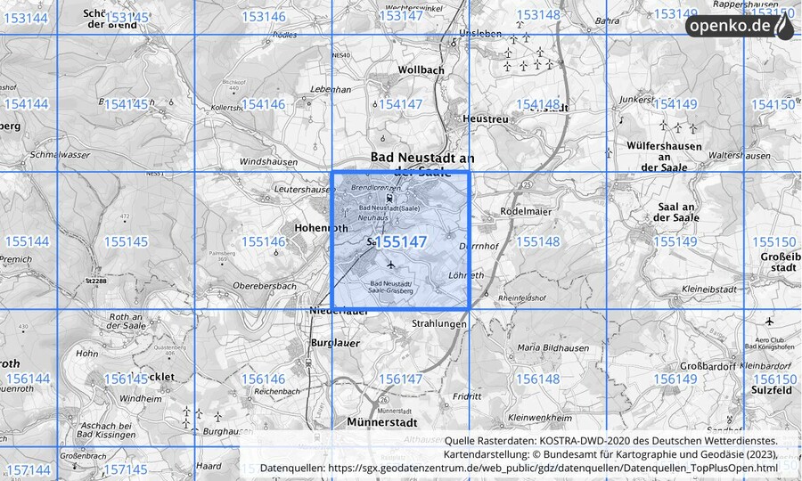 Übersichtskarte des KOSTRA-DWD-2020-Rasterfeldes Nr. 155147