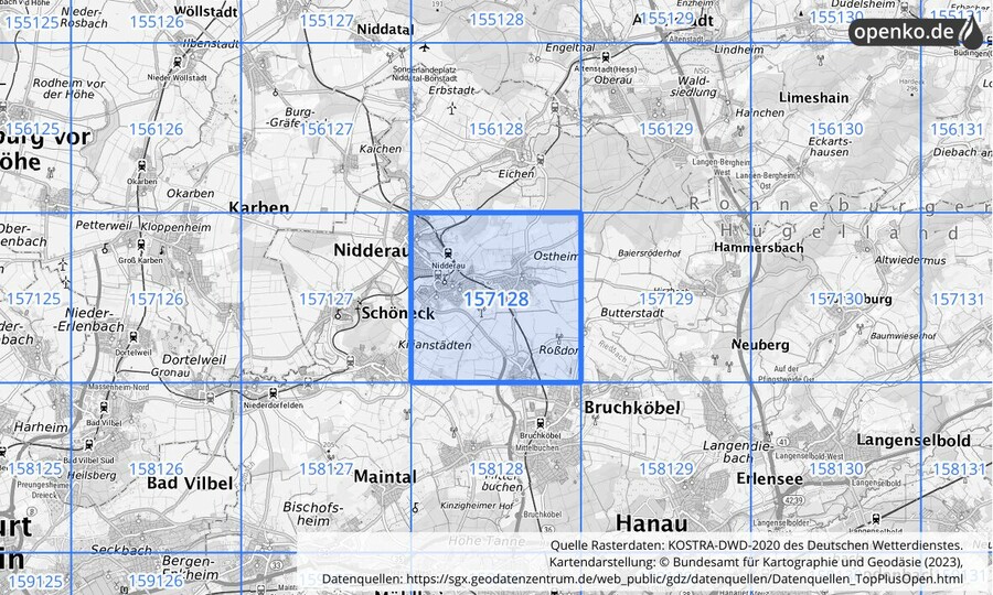 Übersichtskarte des KOSTRA-DWD-2020-Rasterfeldes Nr. 157128