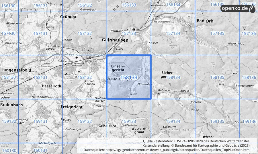 Übersichtskarte des KOSTRA-DWD-2020-Rasterfeldes Nr. 158133