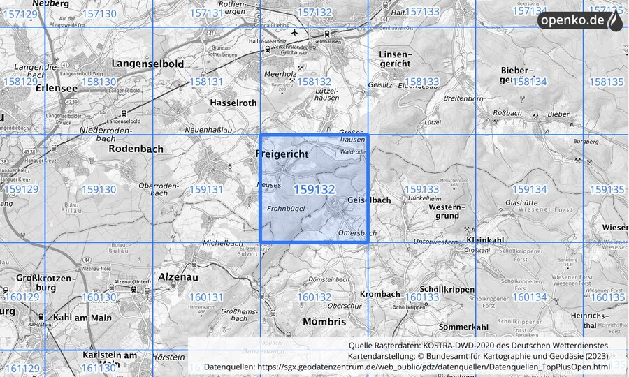 Übersichtskarte des KOSTRA-DWD-2020-Rasterfeldes Nr. 159132