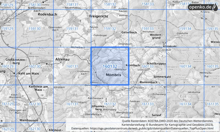 Übersichtskarte des KOSTRA-DWD-2020-Rasterfeldes Nr. 160132