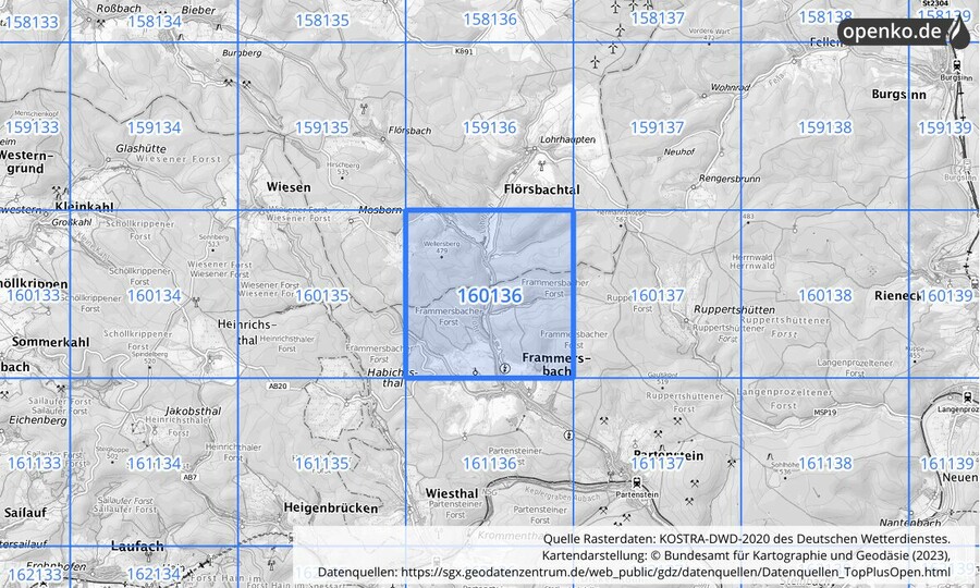 Übersichtskarte des KOSTRA-DWD-2020-Rasterfeldes Nr. 160136