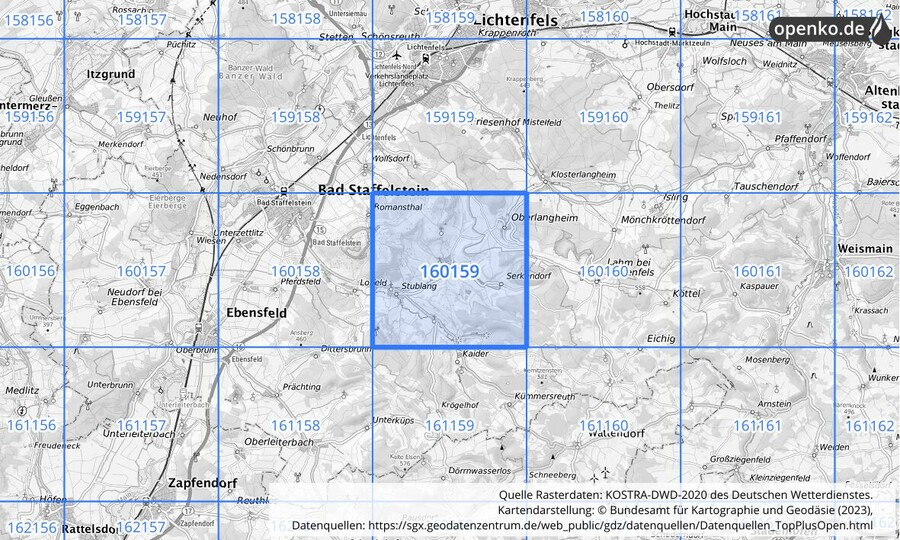 Übersichtskarte des KOSTRA-DWD-2020-Rasterfeldes Nr. 160159