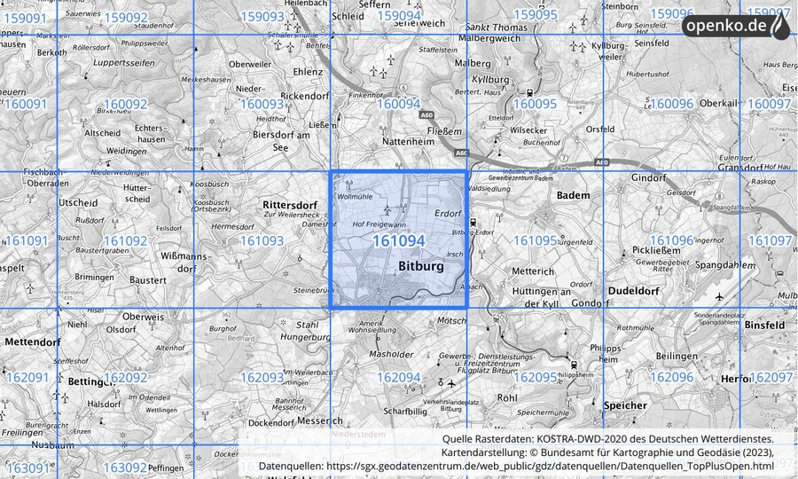 Übersichtskarte des KOSTRA-DWD-2020-Rasterfeldes Nr. 161094 Übersichtskarte des KOSTRA-DWD-2020-Rasterfeldes Nr. 161094