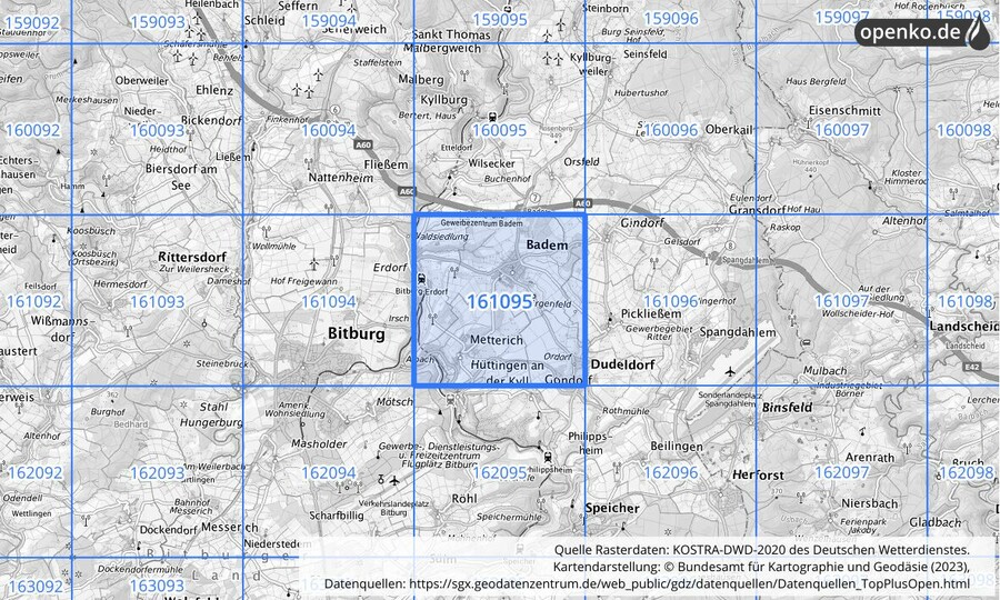 Übersichtskarte des KOSTRA-DWD-2020-Rasterfeldes Nr. 161095 Übersichtskarte des KOSTRA-DWD-2020-Rasterfeldes Nr. 161095