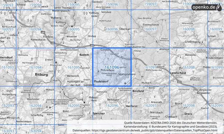 Übersichtskarte des KOSTRA-DWD-2020-Rasterfeldes Nr. 161096 Übersichtskarte des KOSTRA-DWD-2020-Rasterfeldes Nr. 161096