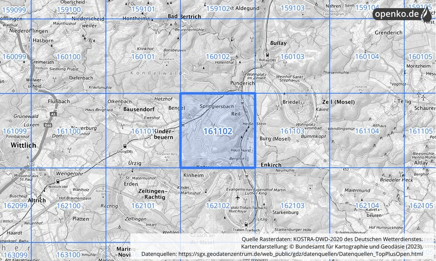 Übersichtskarte des KOSTRA-DWD-2020-Rasterfeldes Nr. 161102 Übersichtskarte des KOSTRA-DWD-2020-Rasterfeldes Nr. 161102