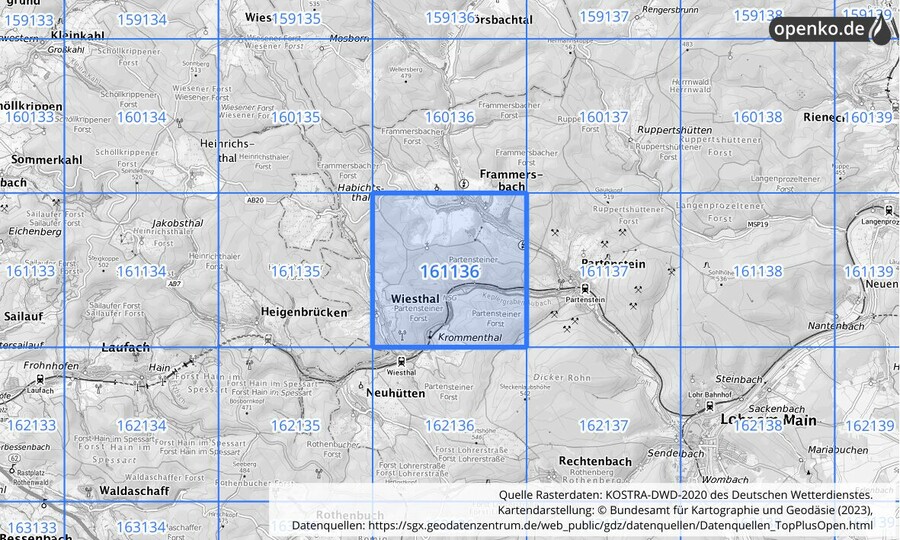 Übersichtskarte des KOSTRA-DWD-2020-Rasterfeldes Nr. 161136