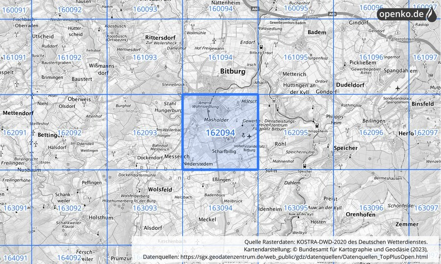 Übersichtskarte des KOSTRA-DWD-2020-Rasterfeldes Nr. 162094 Übersichtskarte des KOSTRA-DWD-2020-Rasterfeldes Nr. 162094