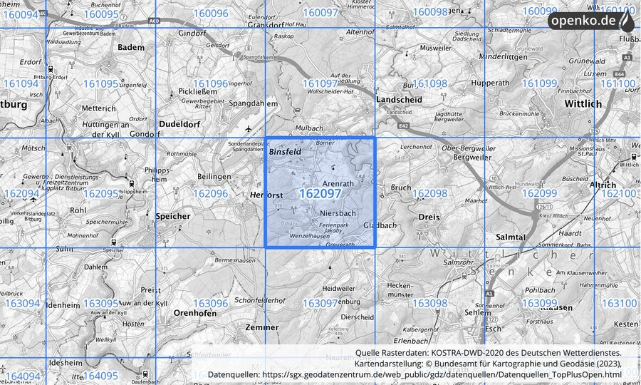 Übersichtskarte des KOSTRA-DWD-2020-Rasterfeldes Nr. 162097 Übersichtskarte des KOSTRA-DWD-2020-Rasterfeldes Nr. 162097