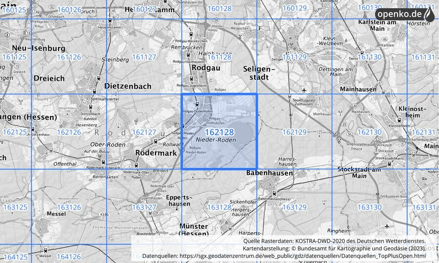 Übersichtskarte des KOSTRA-DWD-2020-Rasterfeldes Nr. 162128