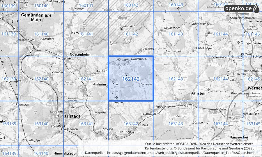 Übersichtskarte des KOSTRA-DWD-2020-Rasterfeldes Nr. 162142