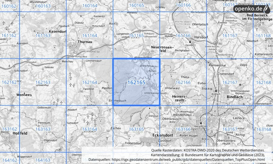 Übersichtskarte des KOSTRA-DWD-2020-Rasterfeldes Nr. 162165