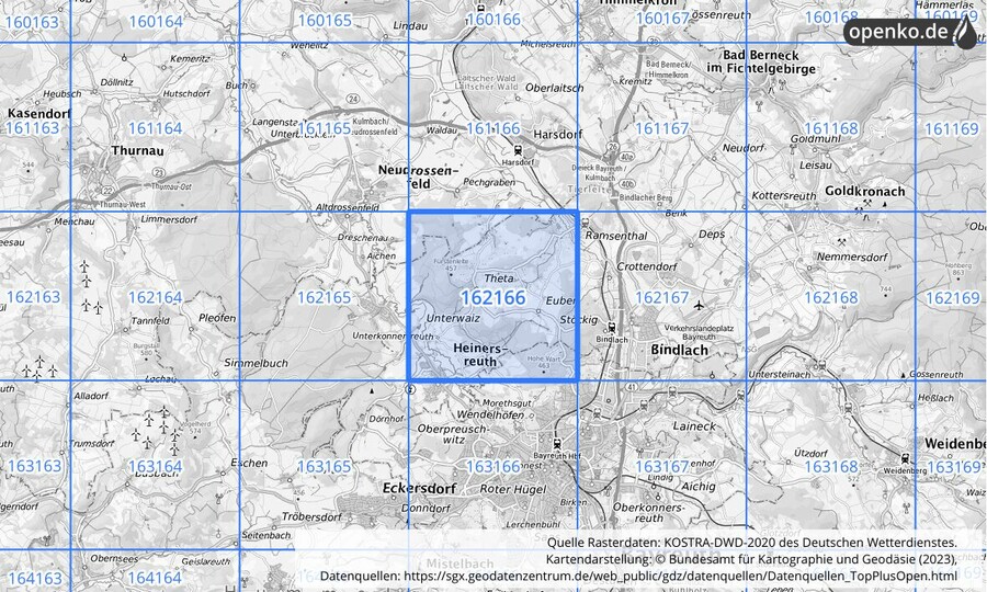 Übersichtskarte des KOSTRA-DWD-2020-Rasterfeldes Nr. 162166