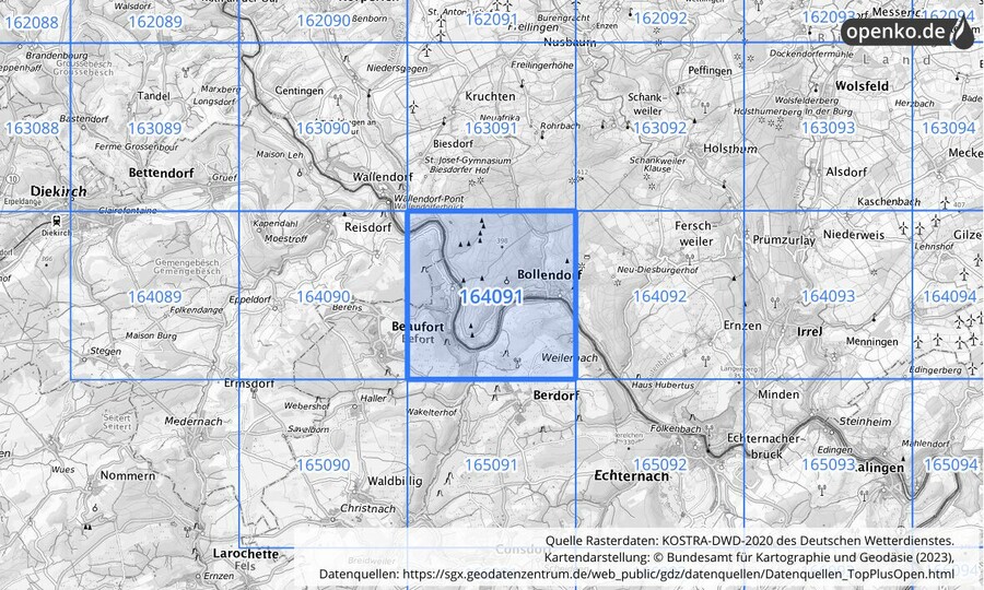Übersichtskarte des KOSTRA-DWD-2020-Rasterfeldes Nr. 164091 Übersichtskarte des KOSTRA-DWD-2020-Rasterfeldes Nr. 164091