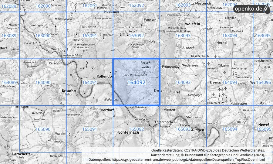 Übersichtskarte des KOSTRA-DWD-2020-Rasterfeldes Nr. 164092 Übersichtskarte des KOSTRA-DWD-2020-Rasterfeldes Nr. 164092