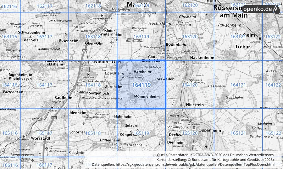 Übersichtskarte des KOSTRA-DWD-2020-Rasterfeldes Nr. 164119