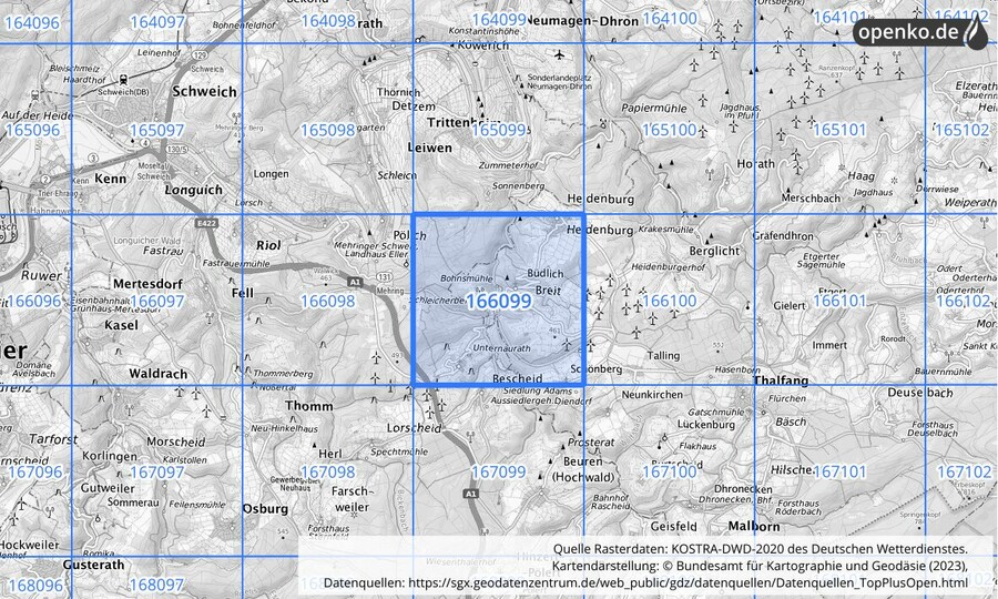 Übersichtskarte des KOSTRA-DWD-2020-Rasterfeldes Nr. 166099