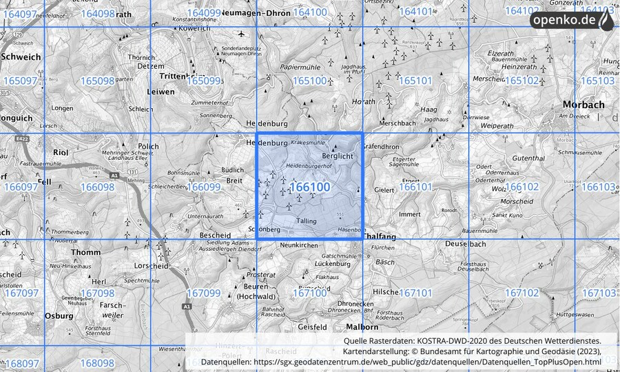 Übersichtskarte des KOSTRA-DWD-2020-Rasterfeldes Nr. 166100