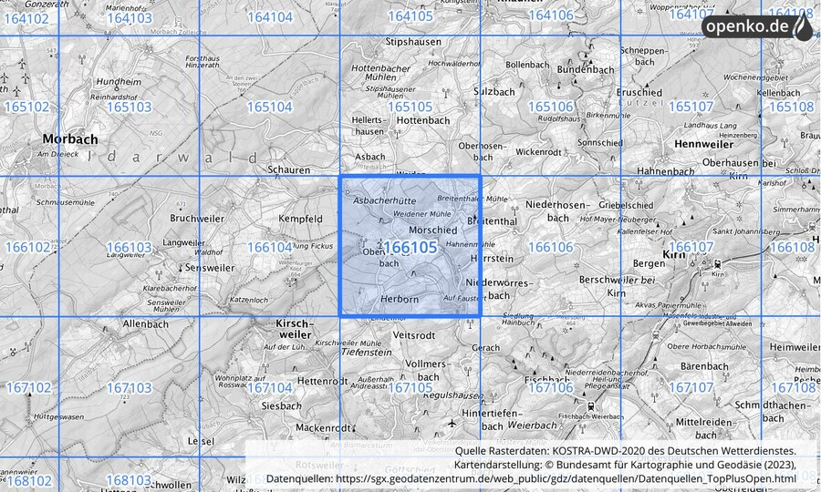 Übersichtskarte des KOSTRA-DWD-2020-Rasterfeldes Nr. 166105