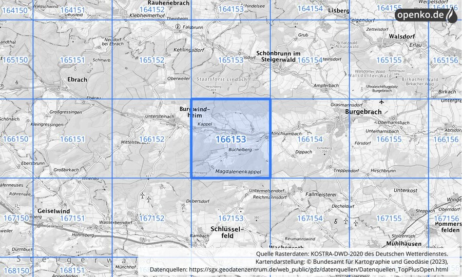 Übersichtskarte des KOSTRA-DWD-2020-Rasterfeldes Nr. 166153