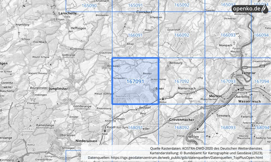 Übersichtskarte des KOSTRA-DWD-2020-Rasterfeldes Nr. 167091