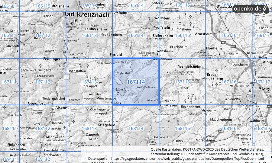 Übersichtskarte des KOSTRA-DWD-2020-Rasterfeldes Nr. 167114