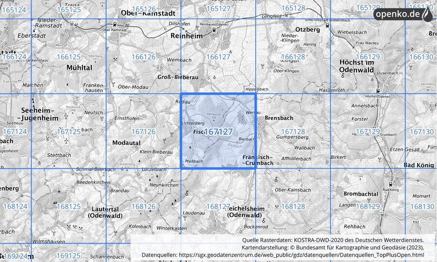 Übersichtskarte des KOSTRA-DWD-2020-Rasterfeldes Nr. 167127