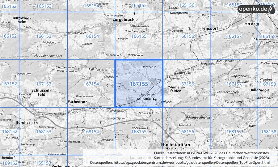 Übersichtskarte des KOSTRA-DWD-2020-Rasterfeldes Nr. 167155