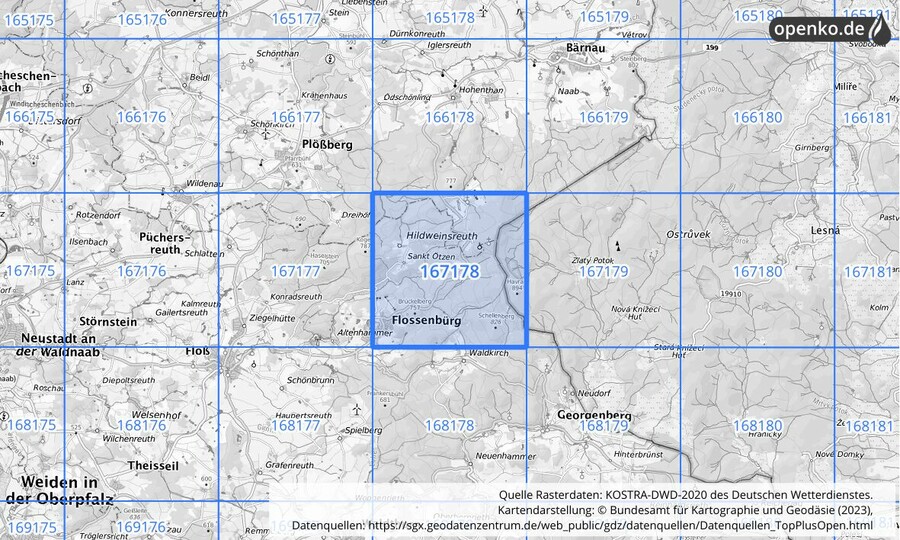 Übersichtskarte des KOSTRA-DWD-2020-Rasterfeldes Nr. 167178