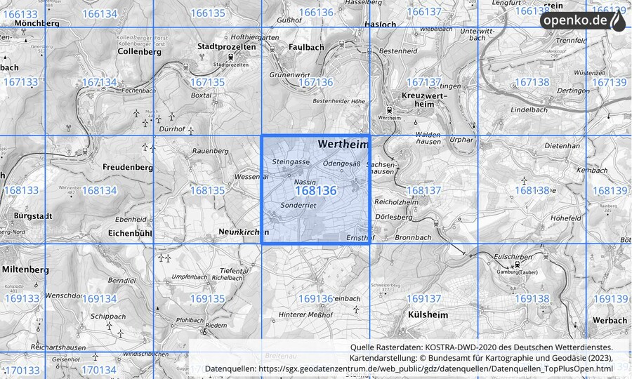 Übersichtskarte des KOSTRA-DWD-2020-Rasterfeldes Nr. 168136