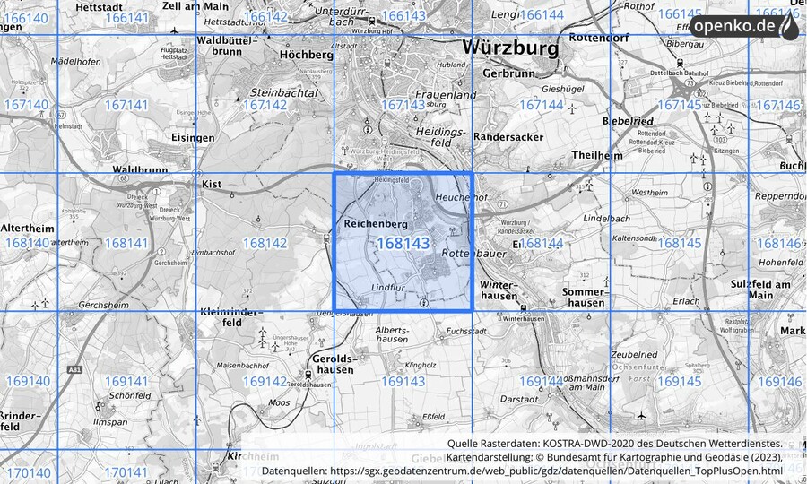 Übersichtskarte des KOSTRA-DWD-2020-Rasterfeldes Nr. 168143