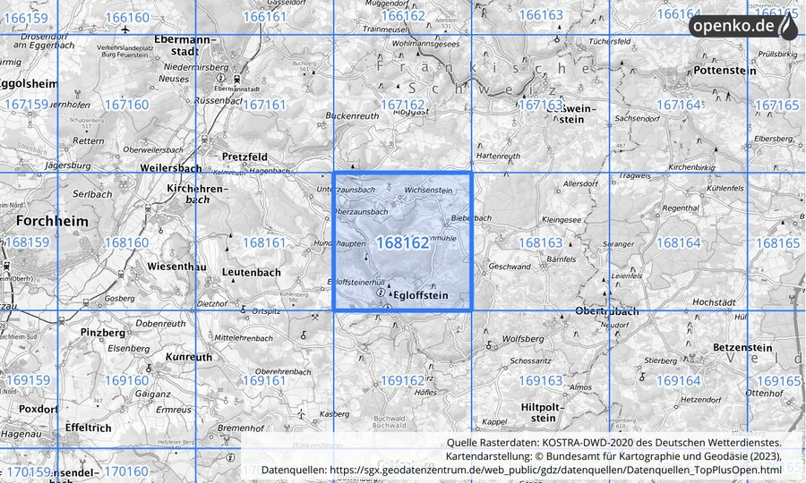 Übersichtskarte des KOSTRA-DWD-2020-Rasterfeldes Nr. 168162
