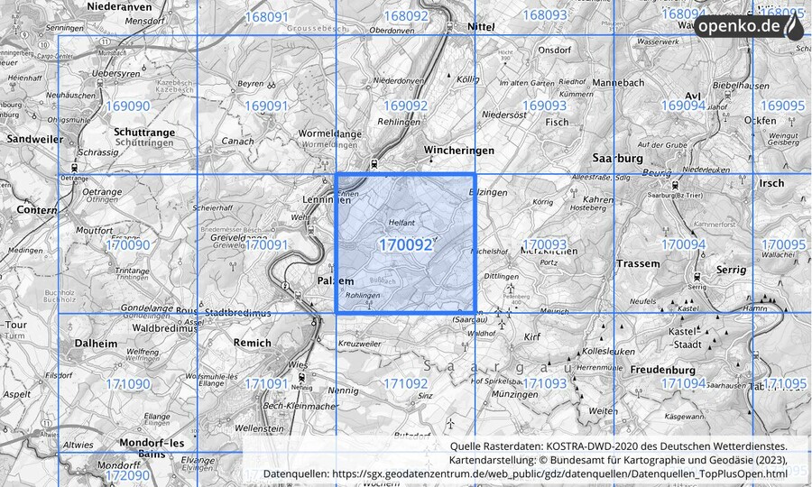 Übersichtskarte des KOSTRA-DWD-2020-Rasterfeldes Nr. 170092